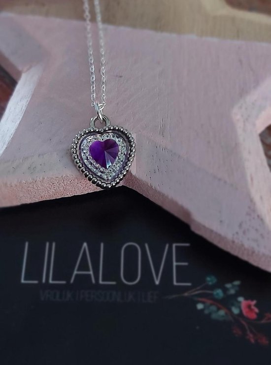 Ketting Meisje Hart Glitter Strass Paars Zilver Kind LiLaLove