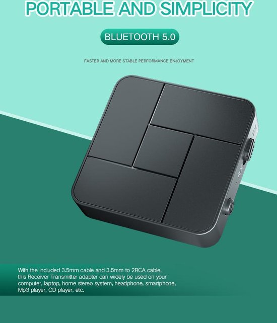 Premium Bluetooth 5.0 Transmitter & Receiver - 2 in 1 - Met RCA Kabel - 3.5 mm Jack AUX - Audio Apparatuur - Adapter - Merkloos