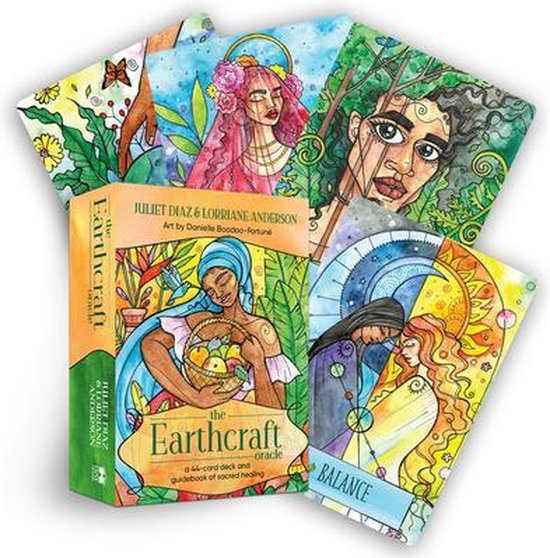 De Earthcraft Oracle kaarten en doos. Illustraties van vrouw met mand fruit, twee vrouwen, drie portretten en een zonneschijf.
