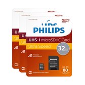 3 stuks Philips FM32MP45 Flashgeheugen Micro SDHC - 32GB microSD + Adapter, Klasse 10 UHS-I