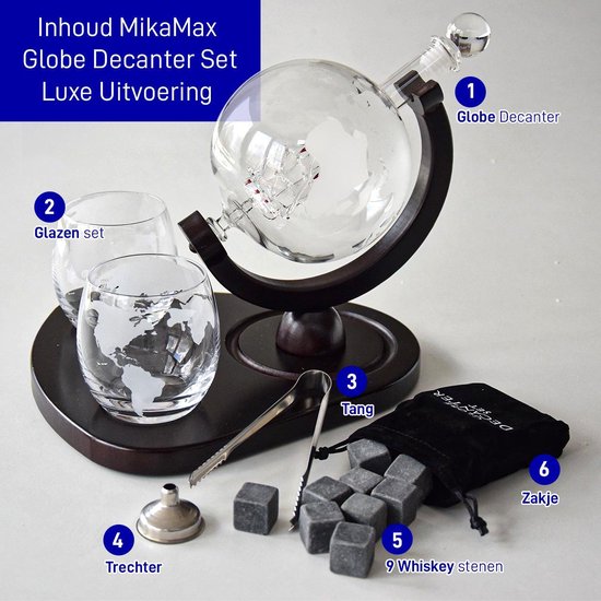 MikaMax - Diamond Decanter Deluxe - Juego de decantador de whisky - 850 ml - Incluye soporte para decantador - Incluye 2 vasos de whisky en forma de diamante - Jarra de