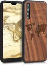 kwmobile telefoonhoesje compatibel met Huawei P20 Pro - Hoesje met bumper in donkerbruin - walnoothout - Wereldkaart design