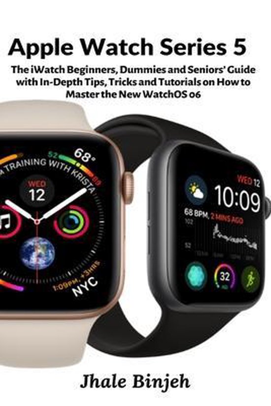 Boekcover voor Apple Watch Series 5 gids met twee Apple Watches, een gouden en een grijze.