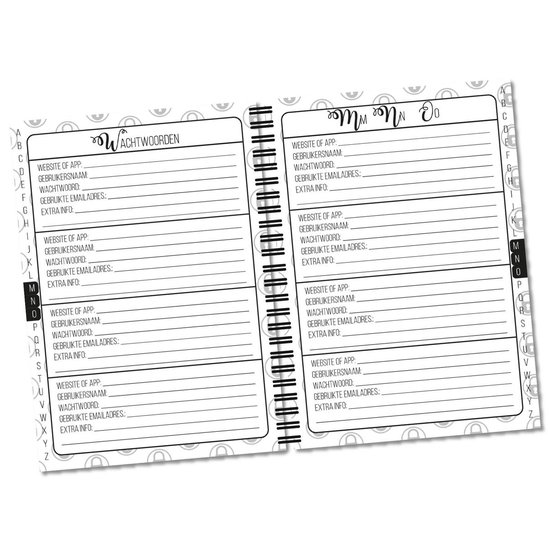 Binnenkant notitieboek met blanco kolommen per letter voor website, gebruikersnaam, wachtwoord en extra info. Links de letters A-Z.