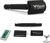 Maxon Safety Razor - Dubbelzijdig Scheermes voor Mannen en Vrouwen - Matzwart - Klassiek Barbier Scheermes - incl. Leren Etui & 5 Derby Scheermesjes