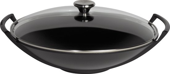 Waakzaamheid meloen Macadam Le Creuset Gietijzeren wok in Mat Zwart met glazen deksel 36cm 4,5l |  bol.com