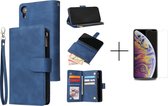 Luxe Telefoonhoesje voor Apple iPhone XR | Hoogwaardig Leren Bookcase | Lederen Wallet Case | Luxe Uitstraling | Pasjeshouder 6 stuks | Portemonnee | Rits | Blauw + 1x screenprotec