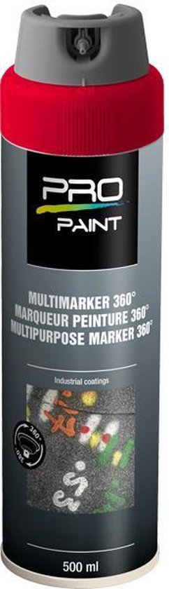 Pro-Paint Multimarker 360º spuitbus in fluo rood met grijze dop. Bedrukking in wit, geel en blauw.
