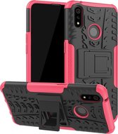 Schokbestendige PC + TPU-bandenpatroonbehuizing voor OPPO Realme 3 Pro, met houder (roze)