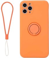 Voor iPhone 11 Pro Max effen kleur vloeibare siliconen schokbestendige volledige dekking beschermhoes met ringhouder en draagkoord (oranje)