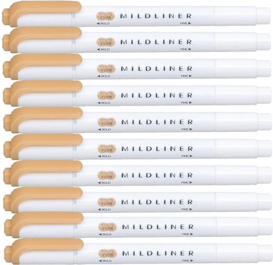 Tien oranje Zebra Mildliner highlighters met een beige dop, beide zijden voorzien van de tekst MILDLINER.