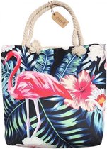 Dielay - Strandtas met Print - Canvas - 42x38 cm - Palmen en Flamingo