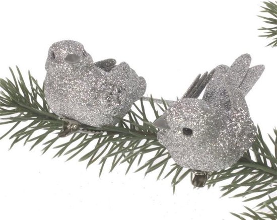 Vogeltje met clip zilver kleurig (glitter) 2stuks . 9x4,5x4,5cm