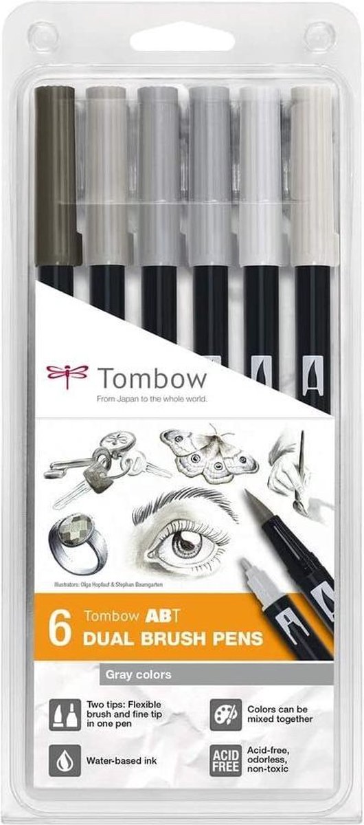 Tombow ABT-6P-6 – Dual brush pen – op waterbasis – met 2 punten – grijs – 6 stuks