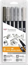 Tombow ABT-6P-6 - Dual brush pen - op waterbasis - met 2 punten - grijs - 6 stuks