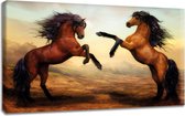 Twee Paarden. 80x60cm Klassiek Olieverfschilderij Gedrukt Op Puur Katoenen Canvas. Handmatig Uitgerekt Op Frame. Klaar Om Op Te Hangen