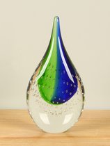 Glazen pegel blauw/groen met luchtbelletjes, 2A004, 19 cm, Glaspegel, glazen druppel, glassculptuur