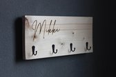 Kapstok steigerhout met gepersonaliseerde naam - 4 haken zwart - 40cm x 20cm x 6cm
