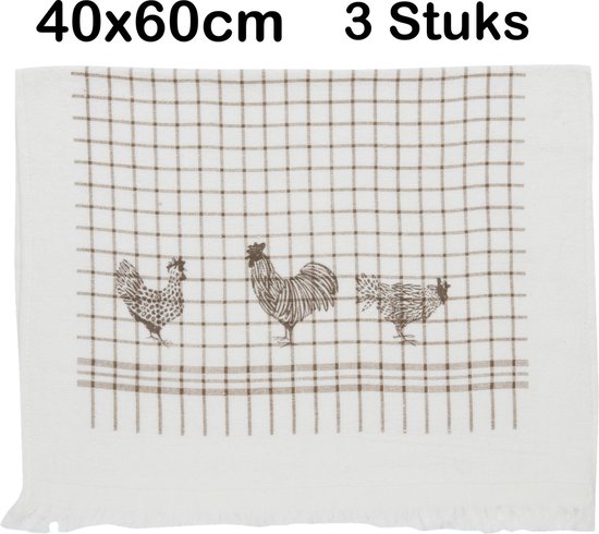 Gastendoek - Katoen - geruit - Kippen & Hanen - Country Side Chicken - 40 x 60 cm - Zand - 3 stuks