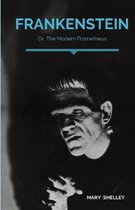 Boekomslag van Frankenstein; Of, De Moderne Prometheus, met een portret van het monster in zwart-wit.