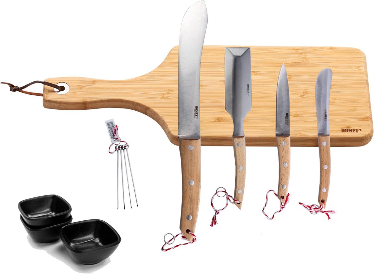 Homey's Charcuterie Luxe 8-delige Borrelset - Blokmes - Patésteker - Smeermes - Worstmes - Sausschaaltjes en Prikkers - Bamboe Borrelplank - RVS/Beukenhout