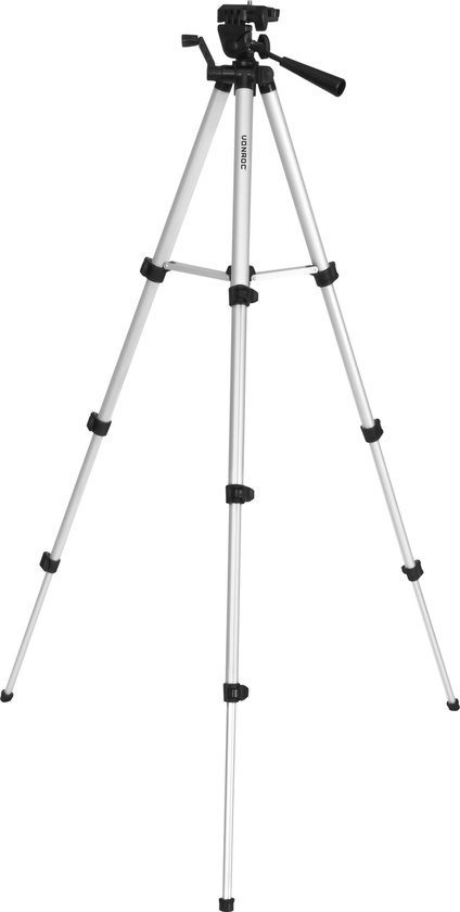 Een zilverkleurig statief met zwarte klemmen en een zwarte kop met handgreep.