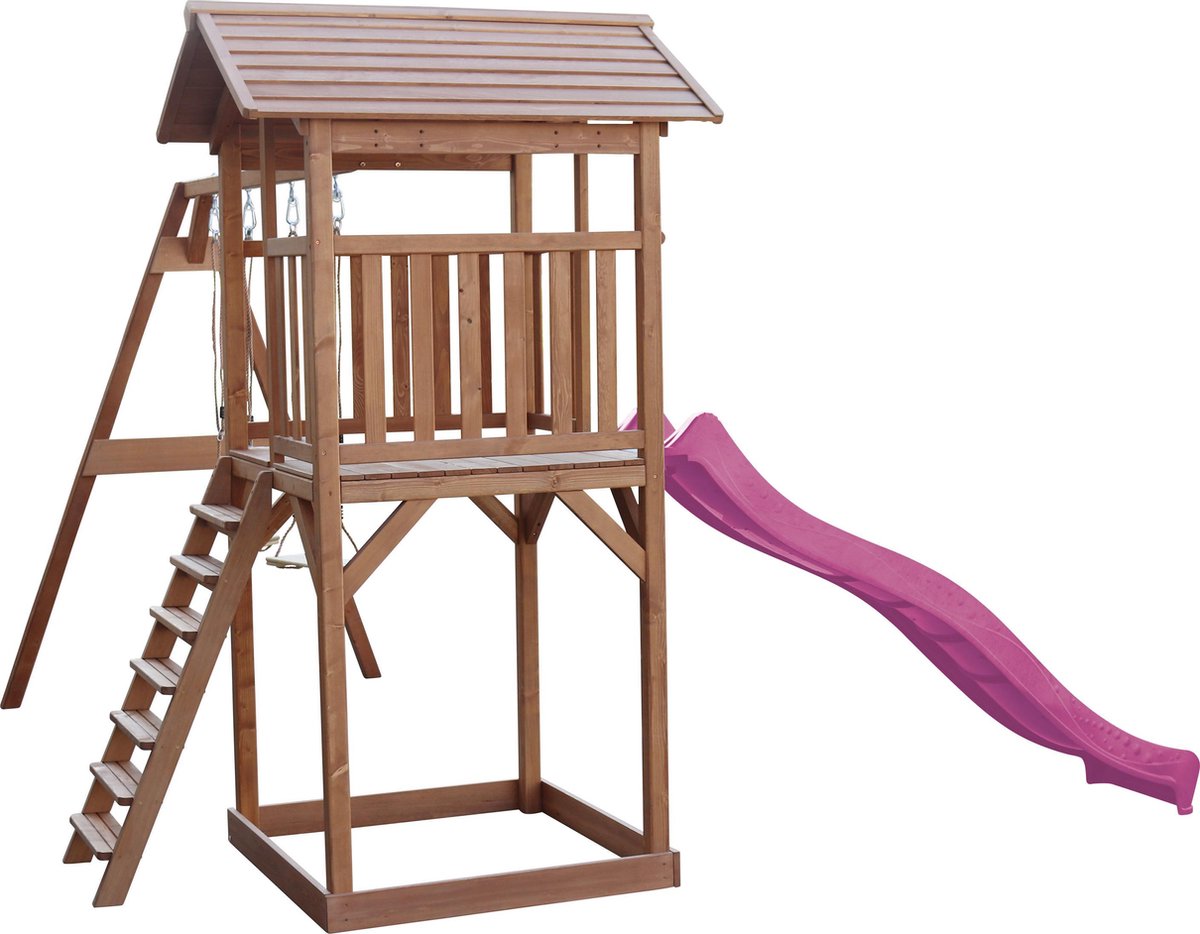 AXI Beach Tower Speeltoestel in Bruin - Speeltoren met Dubbele Schommel, Paarse Glijbaan en Zandbak - FSC hout - Speelhuis op palen voor de tuin — afbeelding 11