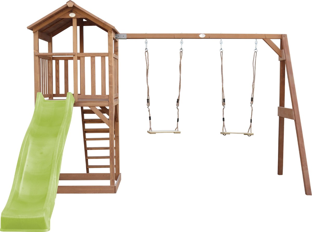 AXI Beach Tower Speeltoestel in Bruin - Speeltoren met Dubbele Schommel, Limoen Groene Glijbaan en Zandbak - FSC hout - Speelhuis op palen voor de tuin — afbeelding 14