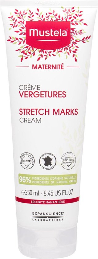 Witte tube Mustela crème vergetures, 250 ml, met rode bloemenrand en groen gebladerte.