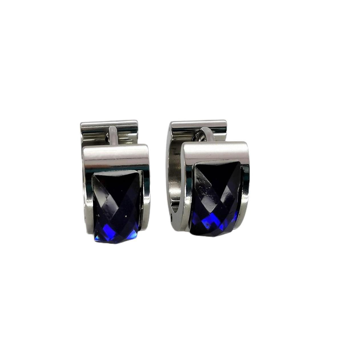 Chirurgisch staal unisex zilverkleurig oorringen met facet geslepen donkerblauw kristal.