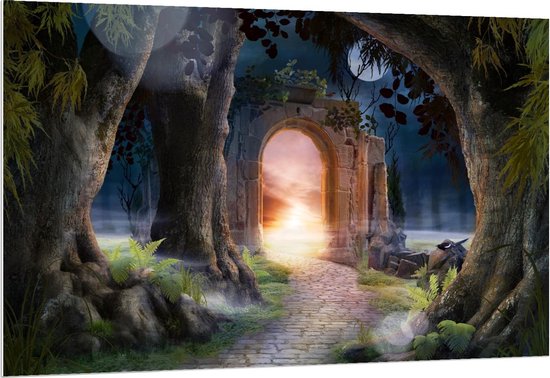 Forex - Magische poort in Fantasiebos - 150x100cm Foto op Forex