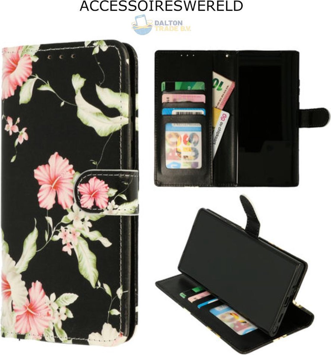 Bookcase Bloemen Zwart - Apple iPhone 7 / Apple iPhone 8 / Apple iPhone SE 2020 - Portemonnee hoesje