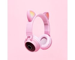 Kattenoortjes kinderkoptelefoon - Draadloze Bluetooth hoofdtelefoon - led kattenoortjes - roze