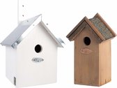 Voordeelset van 2x stuks houten vogelhuisjes/nestkastjes 31 x 18 cm/22 x 16 cm - Met puntdak in wit en houtkleur