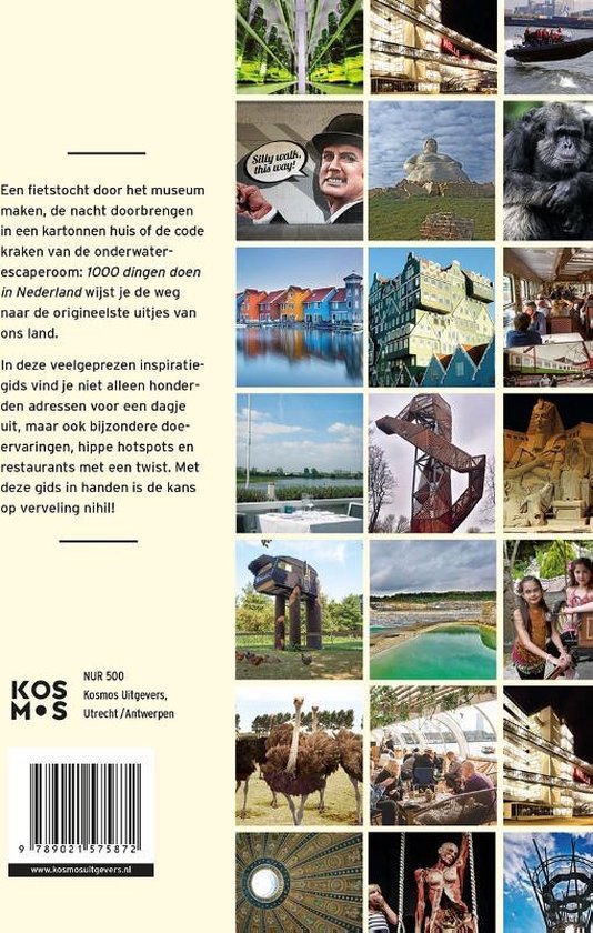 Collage van afbeeldingen van Nederlandse toeristische attracties, waaronder een futuristische kas, een kasteel, een gorillakop en een beeld van de Eiffeltoren.