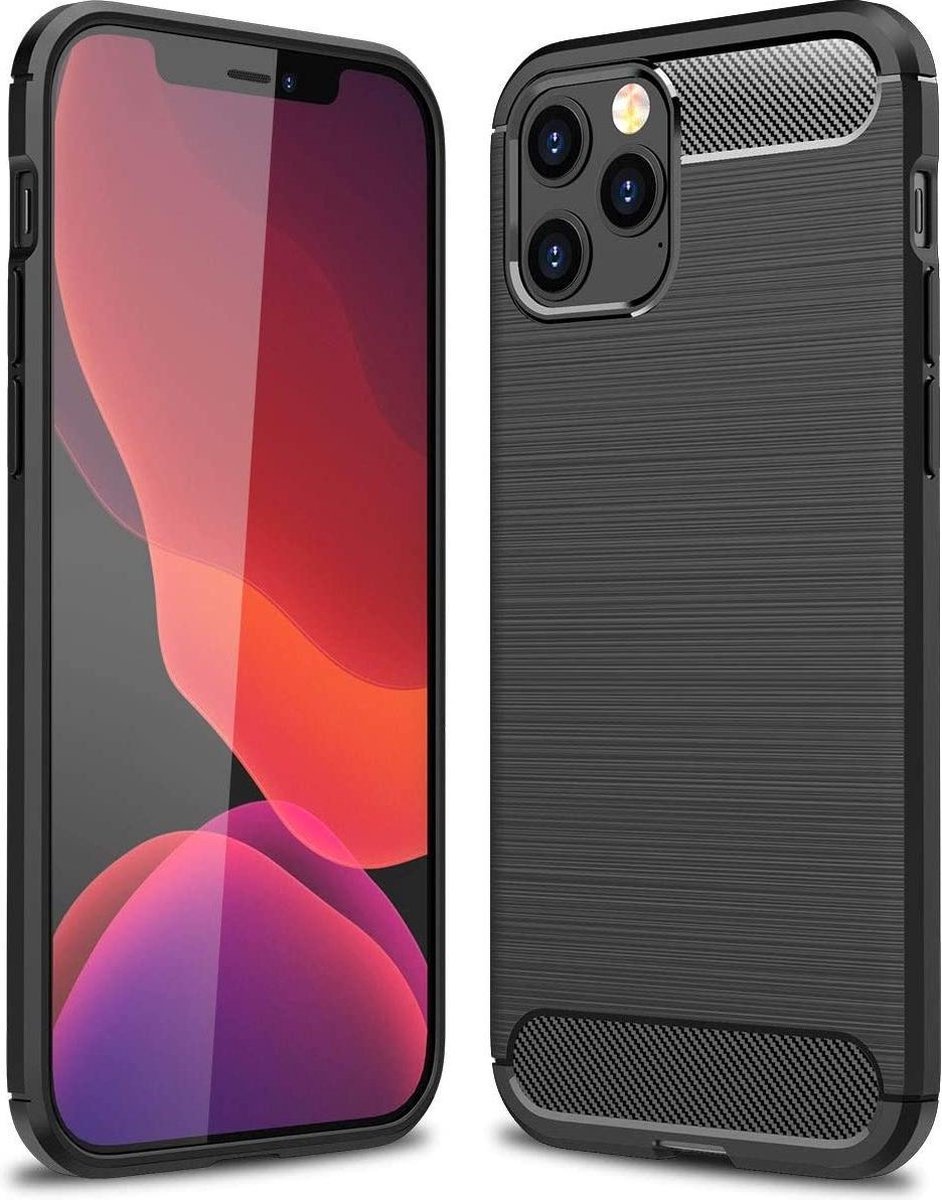Geschikt voor Apple iPhone 12 hoesje - Zwart - Geborsteld Carbon
