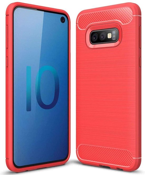 Geschikt voor Samsung Galaxy S10e hoesje - Rood - Geborsteld Carbon