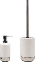 Bath & Shower - WC borstel en Zeeppompje - Set voor Badkamer - Wit/Zilver- Keramiek - Toiletborstel en Zeepdispenser