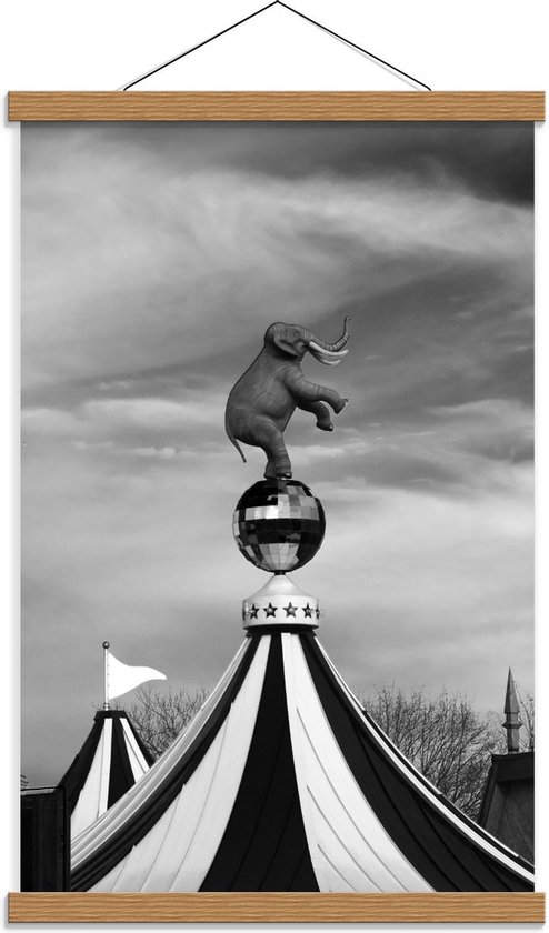 Foto: Schoolplaat olifant op circustent zwart wit 40x60cm foto op textielposter wanddecoratie op schoolplaat 