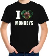 I love monkeys t-shirt met dieren foto van een Orang oetan aap zwart voor kinderen - cadeau shirt apen liefhebber L (146-152)
