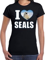 I love seals t-shirt met dieren foto van een zeehond zwart voor dames - cadeau shirt zeehonden liefhebber XL
