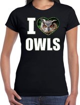 I love owls t-shirt met dieren foto van een uil zwart voor dames - cadeau shirt Oehoe uilen liefhebber L