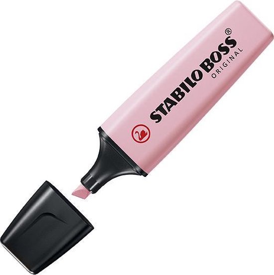 Lichtroze STABILO BOSS ORIGINAL markeerstift met zwarte dop en open punt.