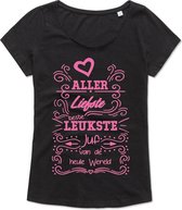 Dames T-Shirt - Casual T-Shirt - Fun T-Shirt - Fun Tekst - Lifestyle T-Shirt - Cadeau - Lerares  - Juf - Les Geven - Aller Liefste Beste Leukste Juf Van de Heule Wereld - Zwart - M