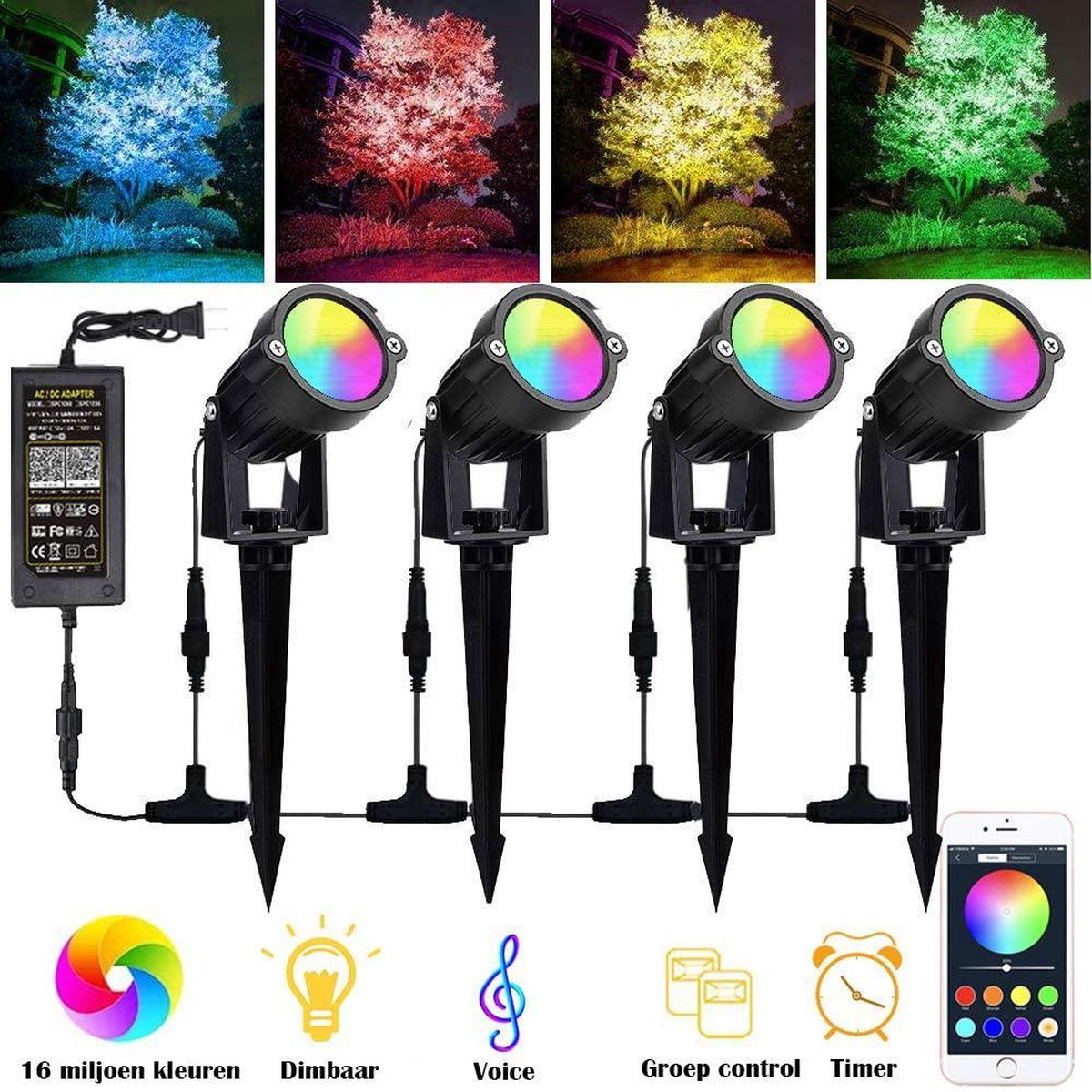 Buitenverlichting - Bluetooth led tuinspot - LED tuinspots - Tuinlampen - Te besturen met mobiele app - RGB multicolour - Waterdicht IP66 - 4 Stuks - Merkloos