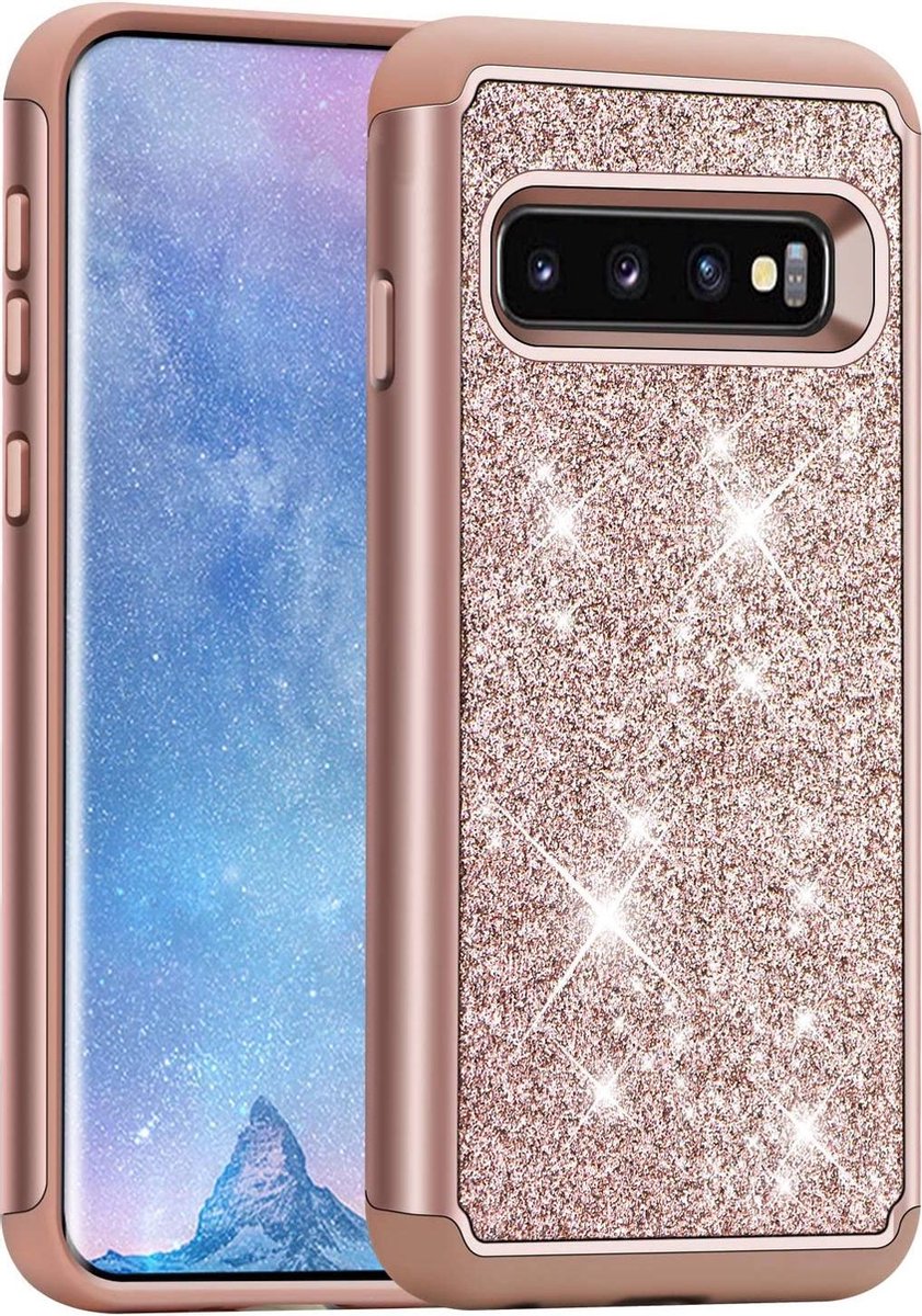 Geschikt voor Samsung Galaxy S10 Plus Backcover - Glitters - Roze - Shockproof Armor