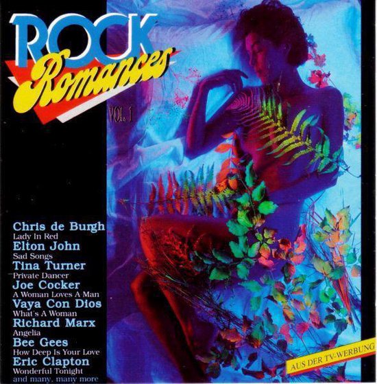 Albumcover Rock Romances Vol. 1 met vrouw en planten. Inclusief nummers van o.a. Chris de Burgh en Elton John.