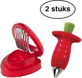 Aardbei Snijder en ontkroner set – Keukentool - Kunststof Aardbeiensnijder – Steel verwijderaar – Mes – Fruitmes - Rood