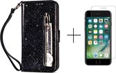 Glitter Bookcase voor Apple iPhone 8 | iPhone 7 | iPhone SE 2020 | PU Leren Telefoonhoesje | Portemonnee | Zwart + 1x screenprotector