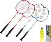 Yonex badminton groepspakket: 4 GR-020 badmintonrackets en 6 Mavis 300 yellow medium shuttles